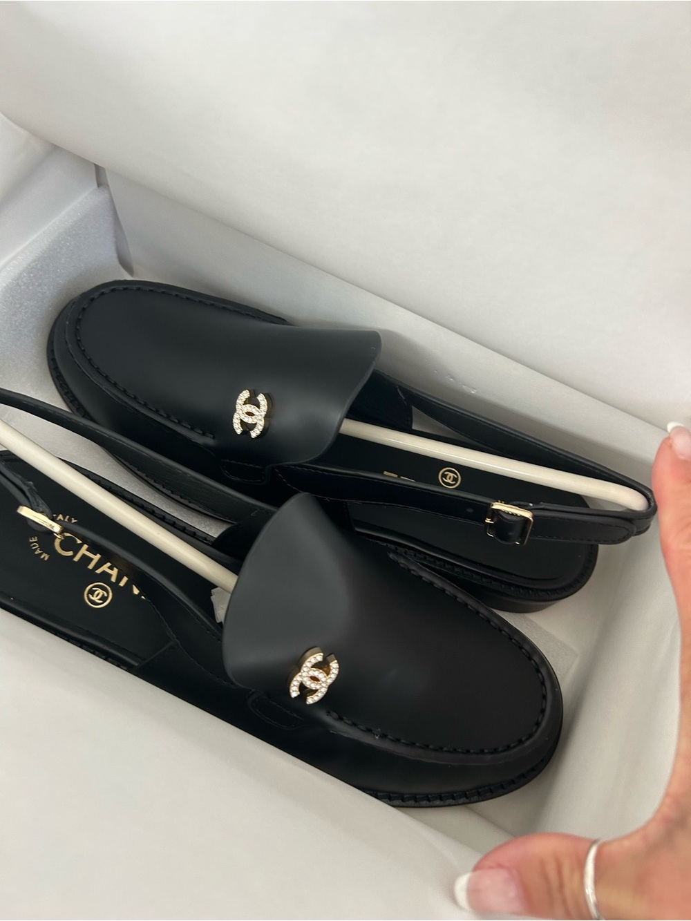 CHANEL Black Leather Slingback Loafers with Gold Crystal CC